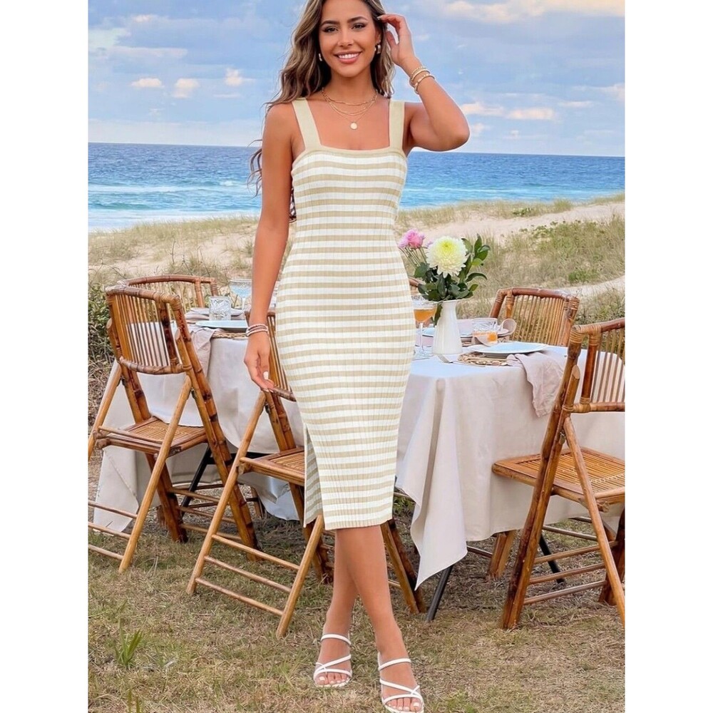 Merokeety Stretchy Knit Cream & Tan Striped Maxi Dress, Square Neckline, XS
